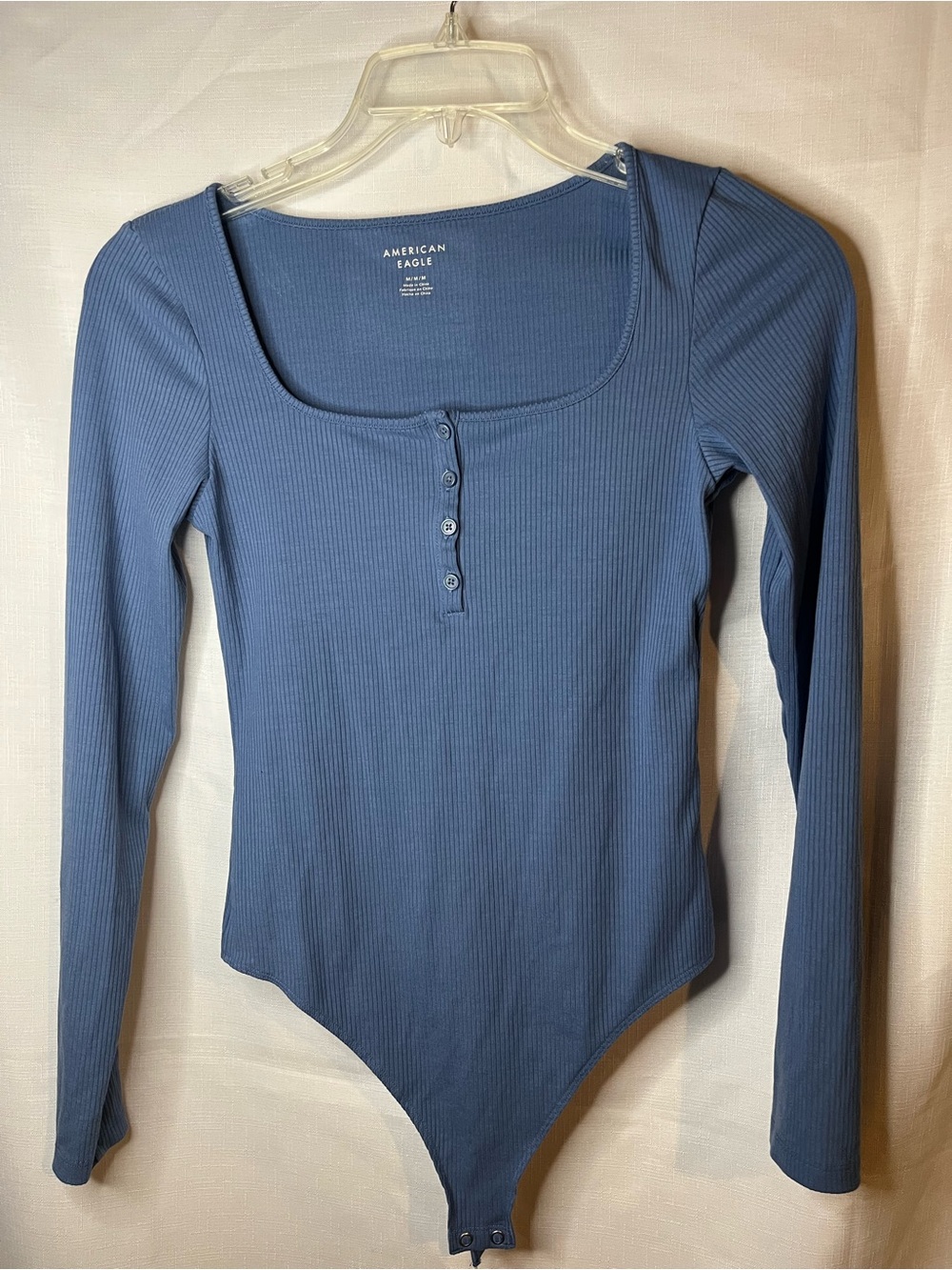 American Eagle Outfitters Blue Ribbed Square-Neck Henley Bodysuit
